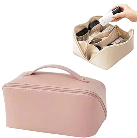 YolieraArt Portable Travel Cosmetic Bag, Large Capacity PU Leather Makeup Organizer with Handle and Divider, Cloud Pattern Toiletry Bag for Women, pink, Common