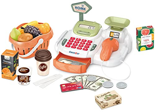 BAKAJI Registratore di Cassa Gioco per Bambini con Cassetto Soldi Apribile, Scanner Funzionante e Lettore di Carta di Credito, Supermercato Giocattolo Imitazione con Cestino della Spesa e Luci e Suoni