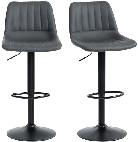 HOMCOM Barhocker 2er Set, 360° Drehbar Gepolstert Barstuhl mit Fußstütze, Lehne, Höhenverstellbar Kunstleder Tresenhocker für Küche, Wohnzimmer, Esszimmer Dunkelgrau