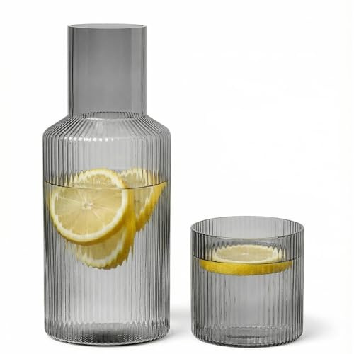 Juego de jarra de agua y vidrio para mesita de noche, jarra de vidrio de 1000 ml con taza Para Dormitorio de Invitados, Baño, Sala de Estar (Gris ahumado)