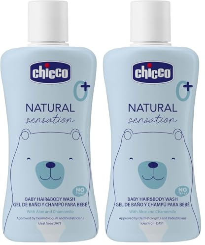 Chicco Gel de Baño y Champú Natural Sensation,Cosmética Bebés y Recién Nacidos 0+ Meses,Ingredientes Naturales,Limpia Cuerpo y Cabello del Bebé,Envase Sostenible,200 ml (Paquete de 2)