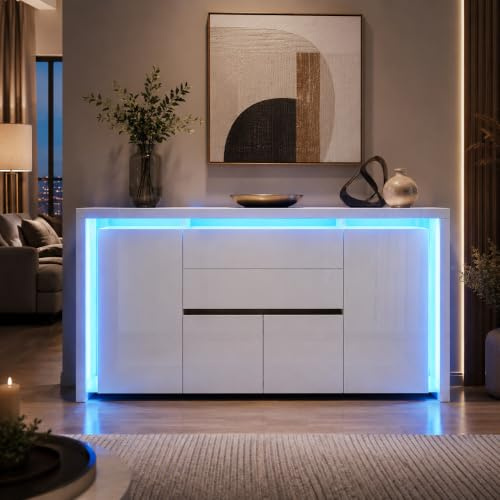 AZJSAHAH Sideboard Hochglanz Weiss,Kommode mit 4 Türen 2 Schubladen & Led Beleuchtung TV Schrank Anrichte Schrank Fernsehschrank Für Esszimmer Wohnzimmer,Küche (Weiß)