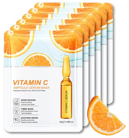 6PCS Vitamin C Sheet Mask, Vitamin C Face Mask Set, Firming Korean Mas-ks, Hydrating Facial Ma-sk For Dehydrated, Dull And Tired Skin, Improves Skin Face M-asks Skincare
