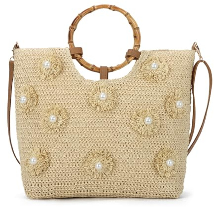 LHHMZ Womens Beach Bag, Summer Beach Woven Bag, Flower Pearls Straw Tote Bag for Summer Vacation