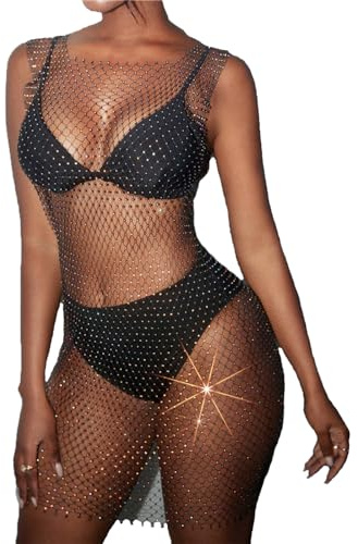 ZWCHGJ Vestido de Rejilla con Diamantes de imitación Brillantes, Vestido sin Mangas, lencería de Malla, Mono de Peluche de una Pieza, Minifalda, Ropa de Club de Verano, camisón para Trajes de Fiesta,