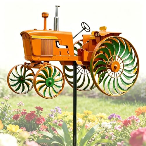 Garden Tractor Wind Spinner, 3D Stereo Orange Tractor Windmill Stake Decor with Rotating, Yard Ground Stake Windmill for Front Yard Porch Backyard Lawn Flower Bed Holiday Housewarming (3D 1 PC)