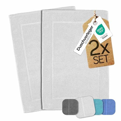 etérea Duschvorleger Frottee - 2er Set - 100% Baumwolle - Carli Classic Badezimmerteppich - Badematte schnelltrocknend - Bathroom Mat Badvorleger Waschbar - 850 GSM Badteppich 50x80 cm -Weiss
