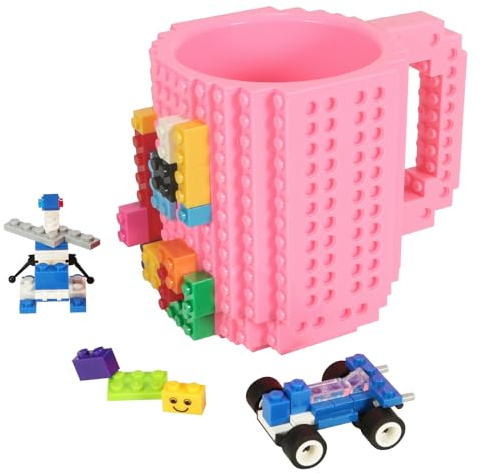 Lumsburry Build-on Brick Coffee Mug, Funny DIY Unique Novelty Drinking Cup | Building Blocks Creative Mug, for Men Women Kids Dad Mom, Present Exchange Ideas, Xmas Birthday White Elephant(Pink)
