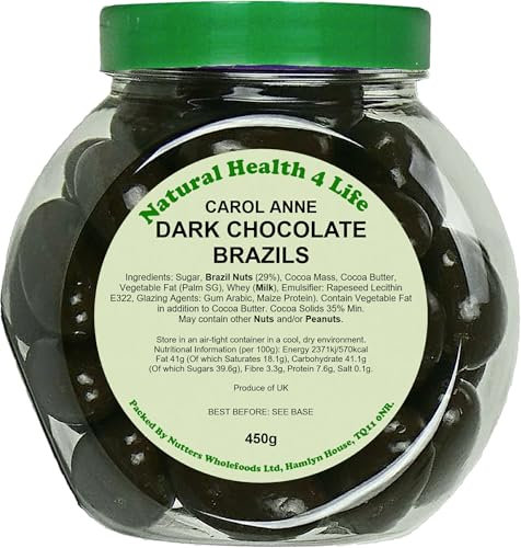 Natural Health 4 Life Carol Anne Confectionery Dark Chocolate Brazil Nuts 450g, Chocolate Covered Brazil Nuts in Recyclable Gift Jar, 7.6g Protein per 100g,Vegetarian Snack for Gifting, Baking (1 Jar)