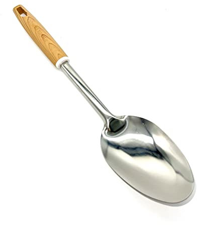TIJAR® Cooking Spoon and Server, Stainless Steel with Heat Proof Nylon Wood Effect Handle, Long 32cm Kitchen Tool, Storage Hole (Cooking Spoon)
