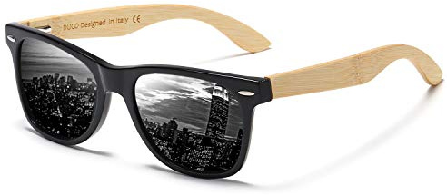 DUCO Retro-Holz Polarisierte Sonnenbrille Herren Damen Fahrerbrille 2141 | Umweltfreundliche Anglerbrille mit Walnussbügeln für Männer, UV400-Schutz Verspiegelte Linse Kat. 3, Geeignet als Geschenk