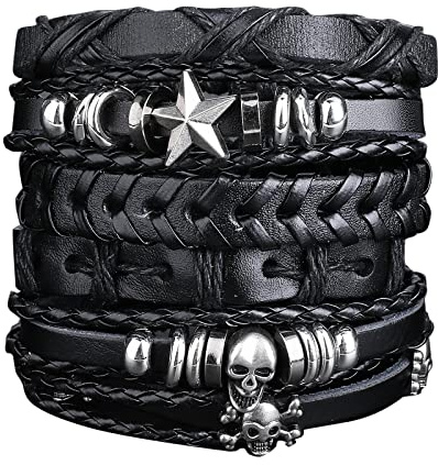 Yolev 6 Pcs Leather Bracelet Men Braided Wide Wristband Black Punk Rock Skull Bracelet Set for Men Women Woven Cuff Wrap Vintage Bracelet Adjustable Length Woven Leather Bracelet