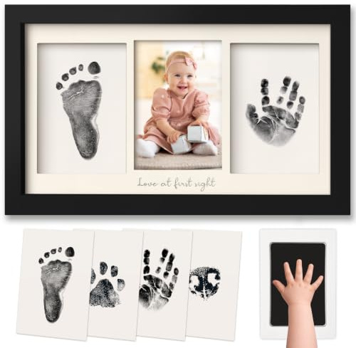 Inkless Baby hand- och fotavtrycksram – personlig babybildram för nyfödda – rörfri bebisram – babyminnessak – babyfotavtryckssats – babyshower gåvor (onyxsvart)