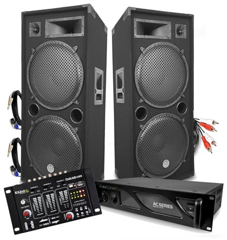 Pack DJ de sonido BM Bmsonic PA Altavoces 2 x 15/38 cm 4000 W Bassreflex + Amplificador 3000 W con mesa de mezcla Ibiza + CABLES