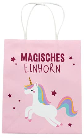 Zauberhafte Kinder- Geschenktüte mit Einhorn und Aufschrift Magisches Einhorn - und Tragegriffe, aus Premiumpapier, Lieferumfang 6 Stück, Maße je Tüte 22 x 18 x 22 cm.