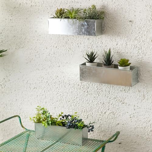LaLaGreen - Macetero de pared – Paquete de 3 macetas grandes de 16 pulgadas para suculentas, maceta colgante de metal rectangular plateado, alféizar de ventana larga, barandillas de hierbas