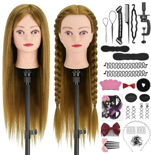 TwoWin 80% Real Hair Mannequin Head, 22 Styling Head for Hairdressing | Cosmetology Training Head with Table Clamp, Various Hair Accessories, Gift Set (Brown)