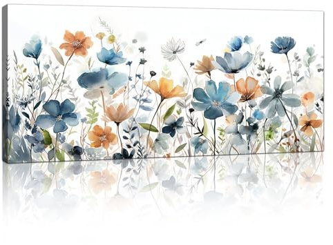 Mit Rahmen Großes Leinwandbilder Bilder Aquarell Marineblaue Wildblumen bild auf leinwand Wandkunst Modern Wandbilder XXL Kunstdruck Deko für Wohnzimmer Schlafzimmer fertig zum Aufhängen 120x50cm