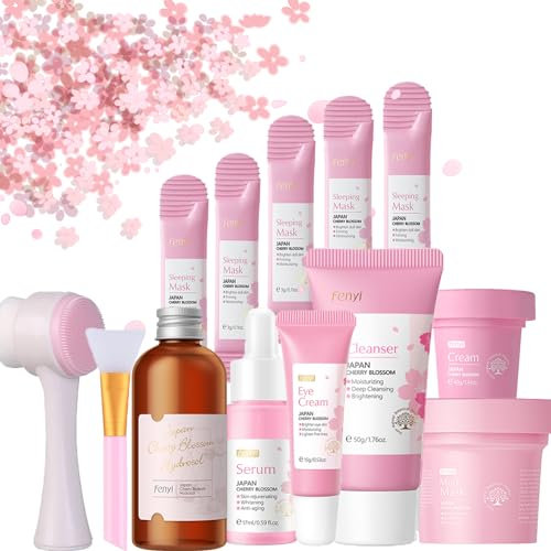 13pcs Skincare Gifts Set For Teenage Girls,Cherry Blossom Skincare Sets,High Moisturize Pure Plant Extract Skin Care Sets & Kits with Cleanser, Hydrosol,Serum,Cream,Eye Cream,Mask,Lip Mask,Mud Mask