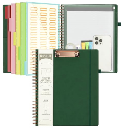Ospelelf Leather Clipboard Folio with Notepad for Letter Size, Spiral Clipboard Folder with Storage Zipper Pouch, 5 Folders with 10 Pockets, 39 Divider Label Stickers, Pen Loop Series (Green)
