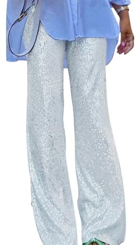IMEKIS Damen Pailletten Hosen Elastische hohe Taille Breite Bein Hosen Einfarbige Lose Lange Hosen Sparkly Festlich Rave Party Tanzhosen Y2K Hosen Disco Nacht Clubwear Silber M