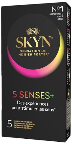 SKYN 5 Senses + : Boite de 5 Préservatifs masculins sans latex, matière Skynfeel, 1x Intensément Perlé, 2x Saveur Cocktail, 1x Elite (Ultra Fin), 1X Chauffant pour stimuler les sens