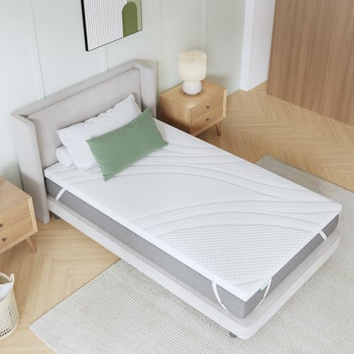 Novilla Matratzen Topper 90x200 cm, Gel Memory Foam, 5cm Höhe, Oeko-TEx | atmungsaktives Material, feuchtigkeitsabsorbierende, wärmeleitende Fasern; rutschfeste Unterseite; sichere Riemen; abnehmbar