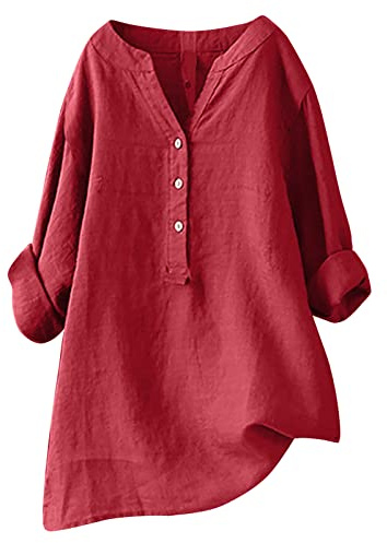 Camicia Donna Oversize Cotone e Lino Elegante Manica Lunga Blusa Causal Chic Estiva Taglie Forti Camicia Tinta Unita Scollo a V per la Primavera e L'Estate Leggera Confortevole e Traspirante