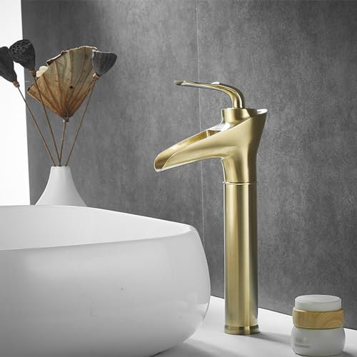 XJTNLB Wasserhahn Bad Hoch Wasserfall Waschtischarmatur Hoch Einhebelarmatur Bad Badezimmer Armatur Waschbecken,Gebürstetes Gold