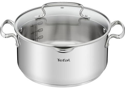 Tefal Duetto+ Kochtopf | Ø 24 cm | Alle Herdarten + induktionsgeeignet | einfache Reinigung in der Spülmaschine | Messskala | Glasdeckel zum Abgießen | 5 Liter Fassungsvermögen | Edelstahl