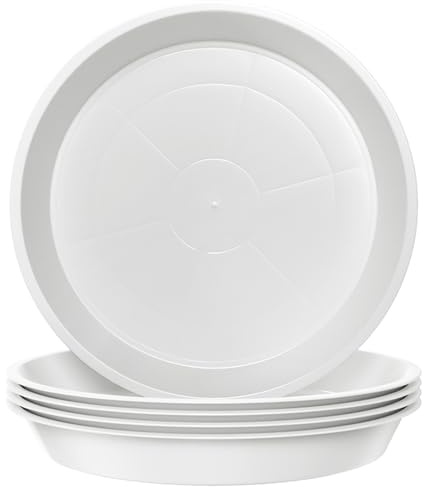 Kunjocy Confezione da 5 sottovasi rotondi da 41 cm, per piante da giardino, in plastica, per interni ed esterni, adatti per vasi fino a 38 cm (bianco, esterno 41 cm)