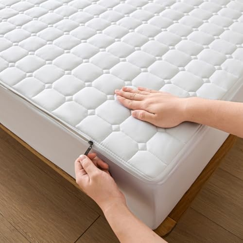 Coprimaterasso Trapuntata con Cerniera 160x190 Personalizzabile Fodera Sacco Materasso Matrimoniale/Singolo Lenzuolo Imbottito Tutto Incluso Copri Proteggi Materasso Topper Lavabile(160x200+21cm,Whit