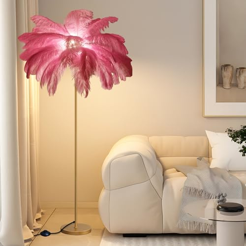 KOSHSH Federlampe Stehlampe Wohnzimmer Gold, 160CM LED Feder Stehlampe Mit 3-Farbig Dimmbarem Moderne Stehlampe Mit Federn Für Schlafzimmer (Rosa)