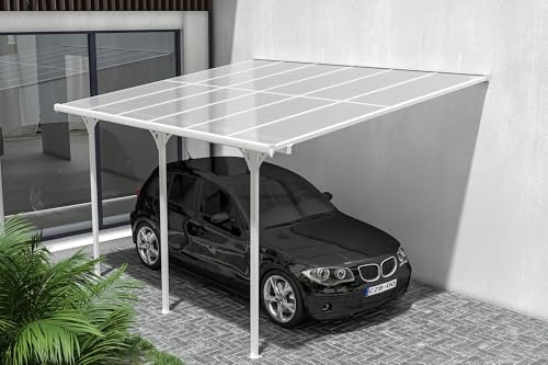 Cazeboo Carport Abri Voiture Toit Terrasse KLEO – 12 m² 4x3 m Aluminium Blanc Polycarbonate Anti-UV – Pergola adossée Robuste Anti-Rouille – Protection Pluie Neige Soleil – 400 x 300 cm