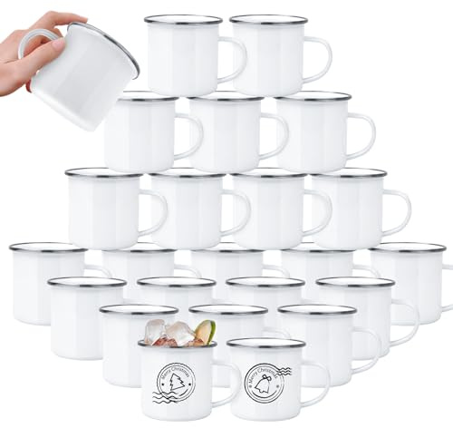 YOUKE OLA 24 Stück Sublimationsrohlinge Emaille Becher Camping Outdoor Kaffee Reise Metallbecher mit Silberrand für Wärmeübertragung DIY Geschenk Weiß 340 ml