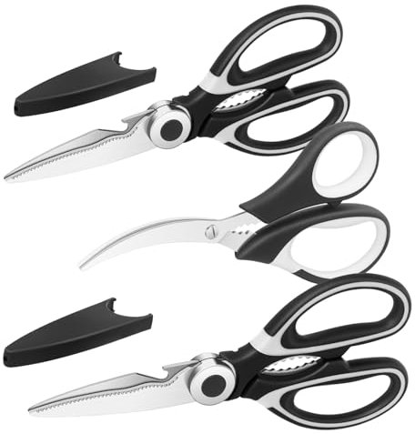 Vutyvve Tijeras de Cocina, Multiusos Pesadas Tijeras para Carne y Aves Tijeras para Mariscos, Hojas de Acero Inoxidable, 2 Tijeras de Cocina, 1 Tijera para Mariscos, Negro, Juego de 3
