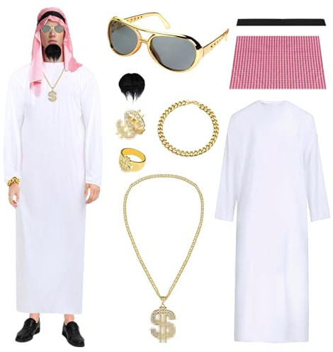 Gxlaihly Scheich Kostüm Herren,Arabisches Scheich Kostüm Herren,Arab Man Robe Cosplay Kostüm,Arabisches Weißes Gewand mit Kopftuch,Ring,Bart,Halsketten,Armband,Sonnenbrillen für Party,Cosplay