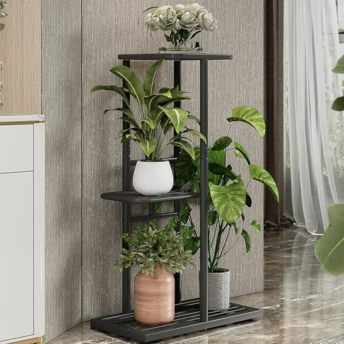 imuounl 3 Tier Metal Plant Stand Indoor Outdoor, Plant Shelf for Multiple Flower Stand Pot Holder, Storage Corner Shelf for Garden Patio Living Room Balcony（black）