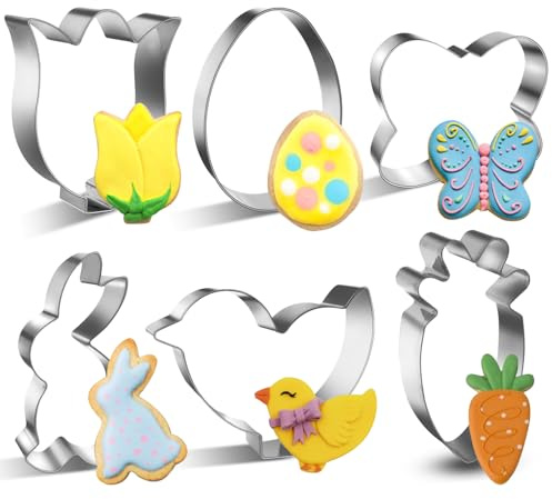 Easter Cookie Cutter Set, 6 Pieces Stainless Steel Cookie Cutter Egg, Carrot, Bunny, Flower, Chick, Butterfly for Easter DIY Baking