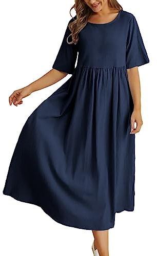 Sommerkleid Damen Leinen Strandkleid, Leicht Leinenkleid Luftig Sommerkleider, Lose Große Größen Bohokleid Frauen Luftige Leinenkleider Stylisch Einfach Leinenstof Ballonkleid Für Mollige Women