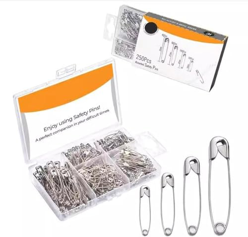 250-Pack Safety Pins, 4 Assorted Sizes, safety pins for clothes, pins, small safety pins for Clothing, Sewing, Arts and Crafts, Suitable for Everyday Use and Creative Projects(Silver)