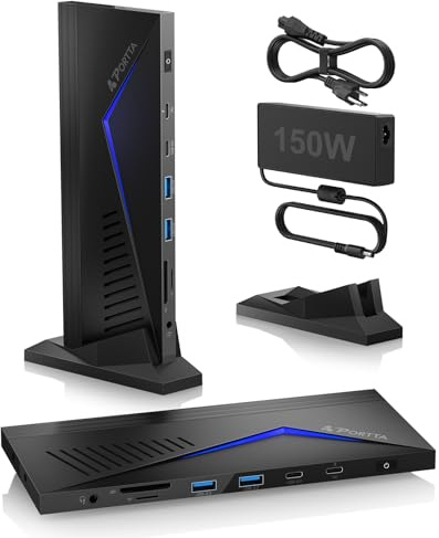 PORTTA 14 in 1 Triple Monitor Docking Station Up to 4K 60 with 150W Power Adapter, HDMI x3, USB x6, RJ45, SD/TF, 100W PD, Audio/Microphone, Compatible with macOS/Windows SST/MST