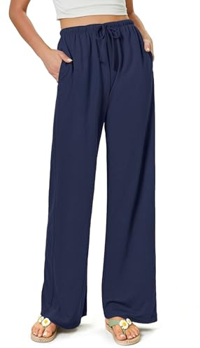 Glacspyg Femmes Pantalon Flowy Wide Leg de Loisirs Casual Beach Pantalon de Plage à Taille Haute Cordon Palazzo avec Poches