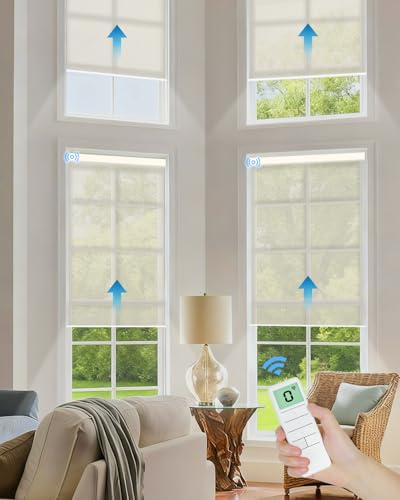 Tokblind Motorized Solar Roller Shades with Remote Control, Light Filtering Smart Blinds for Windows Work with Alexa Google via Hub, Rechargeable Electric Shade Customized Size (Fireproof Beige)