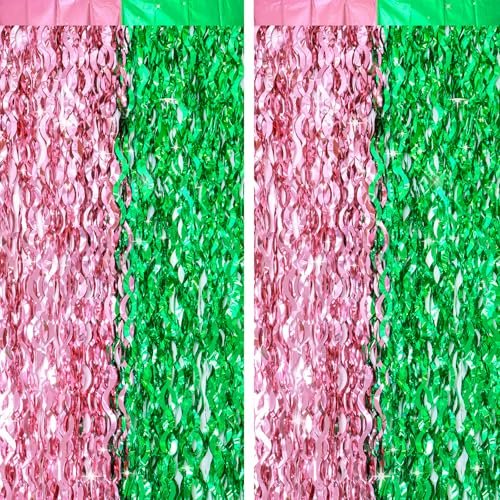 G2PLUS 2PCS Wavy Pink Green Tinsel Curtains, 1m x 2m Foil Curtain | Foil Fringe Curtain, Party Backdrop Streamers for Wicked Magic Witch Theme Party