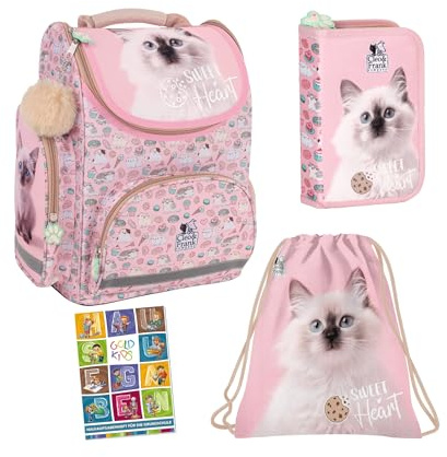 Goldkids - Schulranzen für Jungen und Mädchen, 4er-Set - Schul-Rucksack für Kinder mit Federmäppchen - Schuhbeutel und Hausaufgabenheft - Katze Motiv - 1-3 Klasse