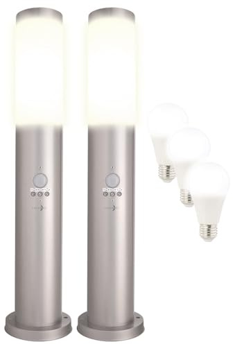 Lunartec Gartenleuchte E27: 2er-Set Standleuchte Bewegungssensor, IP44, inkl. 3 E27 LED-Lampen (Wegeleuchte Edelstahl, Gartenlampe mit Sensor)