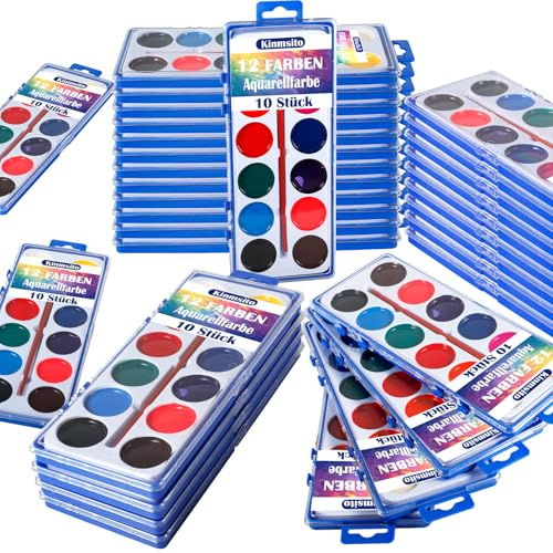 Kinmsito 10 Stück Wasserfarben, Wasserfarben Aquarellfarben Set, 12 Farben Wasserfarbkasten mit Pinsel, Deckfarbkasten für Künstler, Schule, Anfänger, Hobbymaler