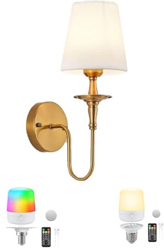 Lámpara de Pared Moderna, inalámbrica, para Interiores, Funciona con Pilas, con Mando a Distancia, Temporizador Regulable, Bombilla RGB Recargable de 3000 K, Pantalla de Tela Blanca y Metal Dorado Vi