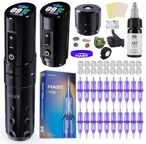 Mast Flip3 Machine A Tatouer Sans Fil 7 Courses Reglables 2 Batteries | Machine Rotative Sans Fil Liner Shader, Ecran OLED, Ergonomique, Kit Aiguilles Accessoires, Tatoueur Debutant